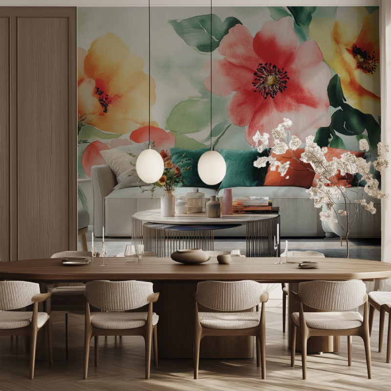 Papier peint fleur maxi salle manger tendance