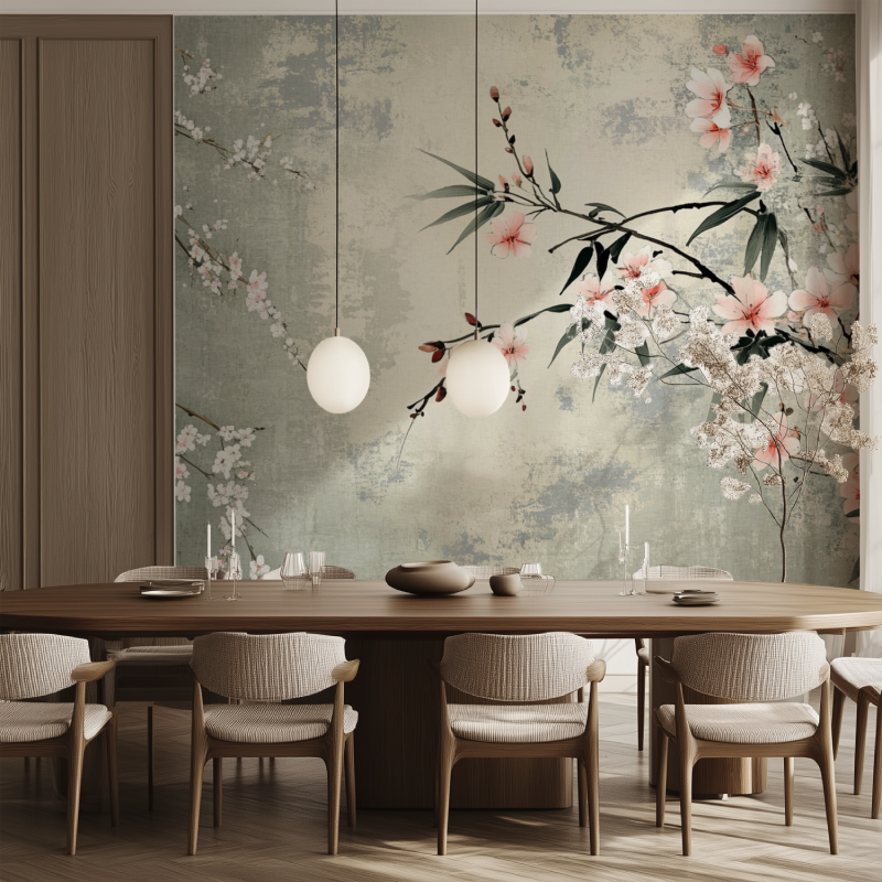 Papier peint fleur japonisant salle manger tendance