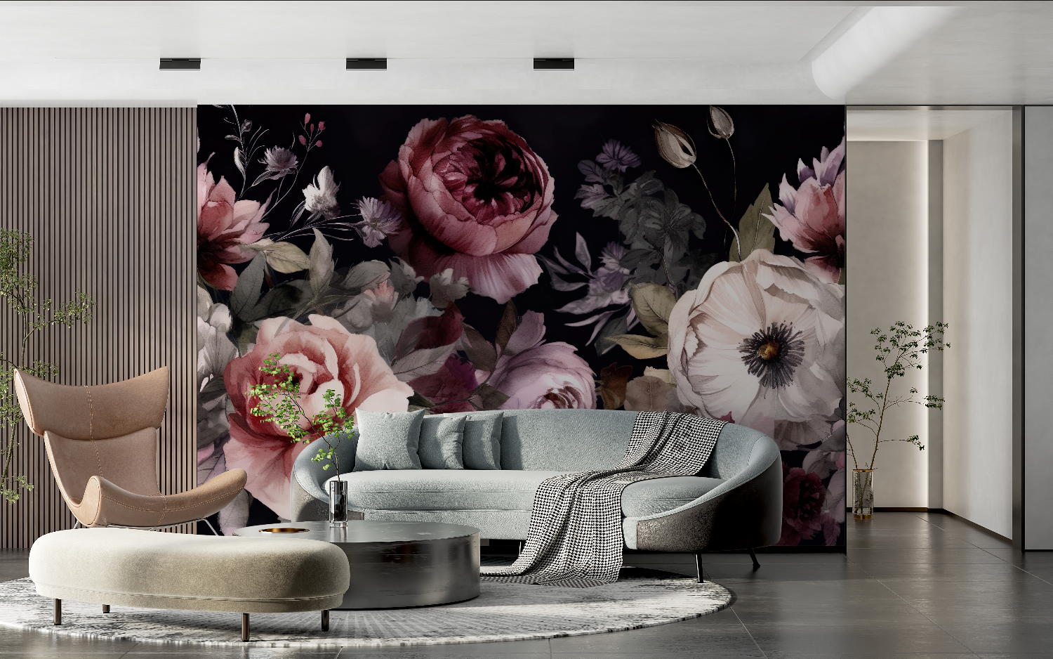 Papier Peint Grosses Fleurs Fond Noir - chambre adulte