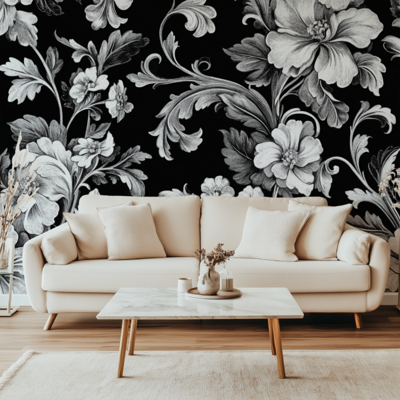 Papier peint fleur vintage noir blanc gris canape simple