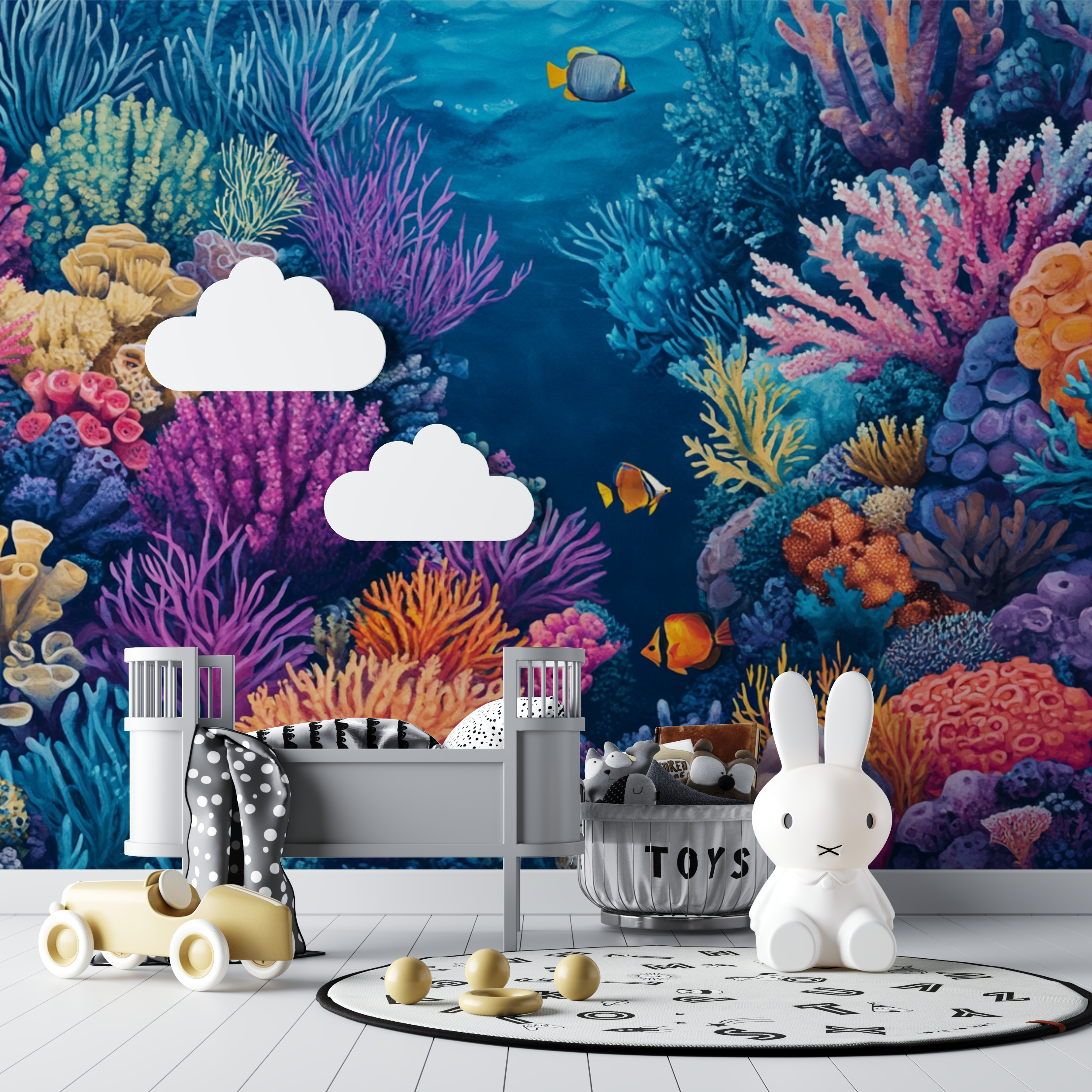 Papier peint marin recifs coral...poissons colores bebe tipi