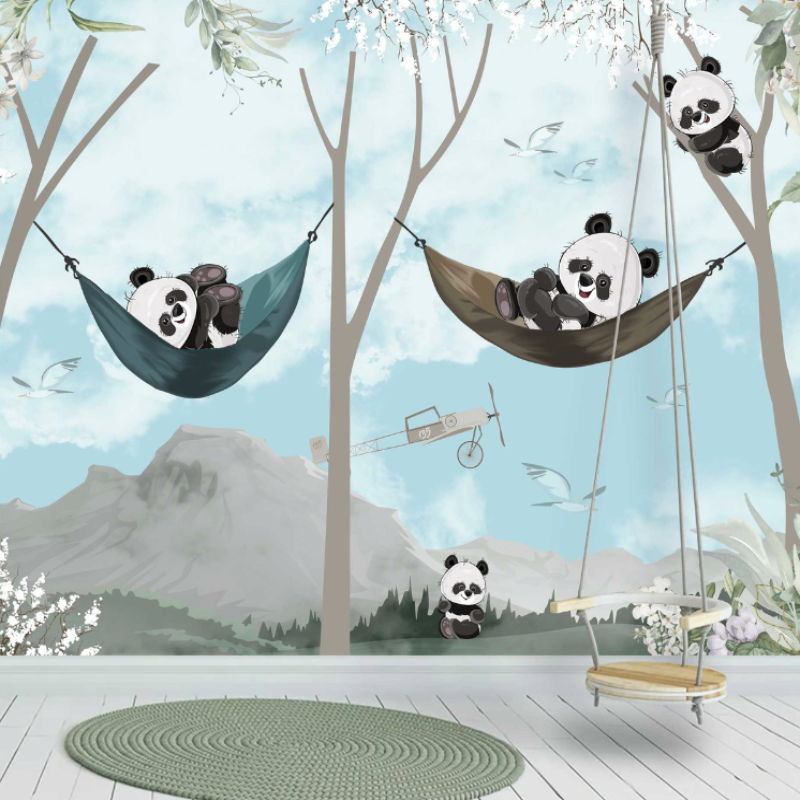 Papier Peint Animaux <br/> Panoramique Panda Bleu et Hamac