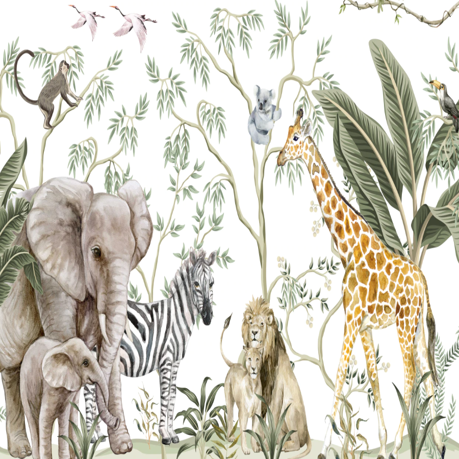 Papier Peint Animaux <br/> Safari Girafe et Eléphant