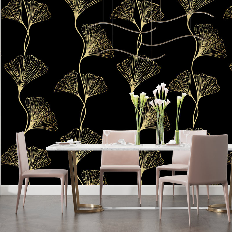 Papier Peint Ginkgo Doré Motif - salon