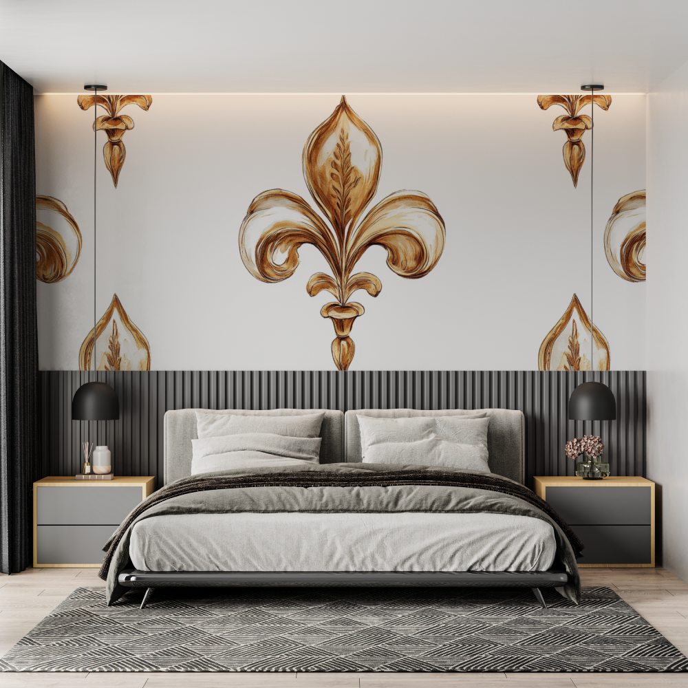 Papier peint fleur de lys fond blanc chambre adulte tendance