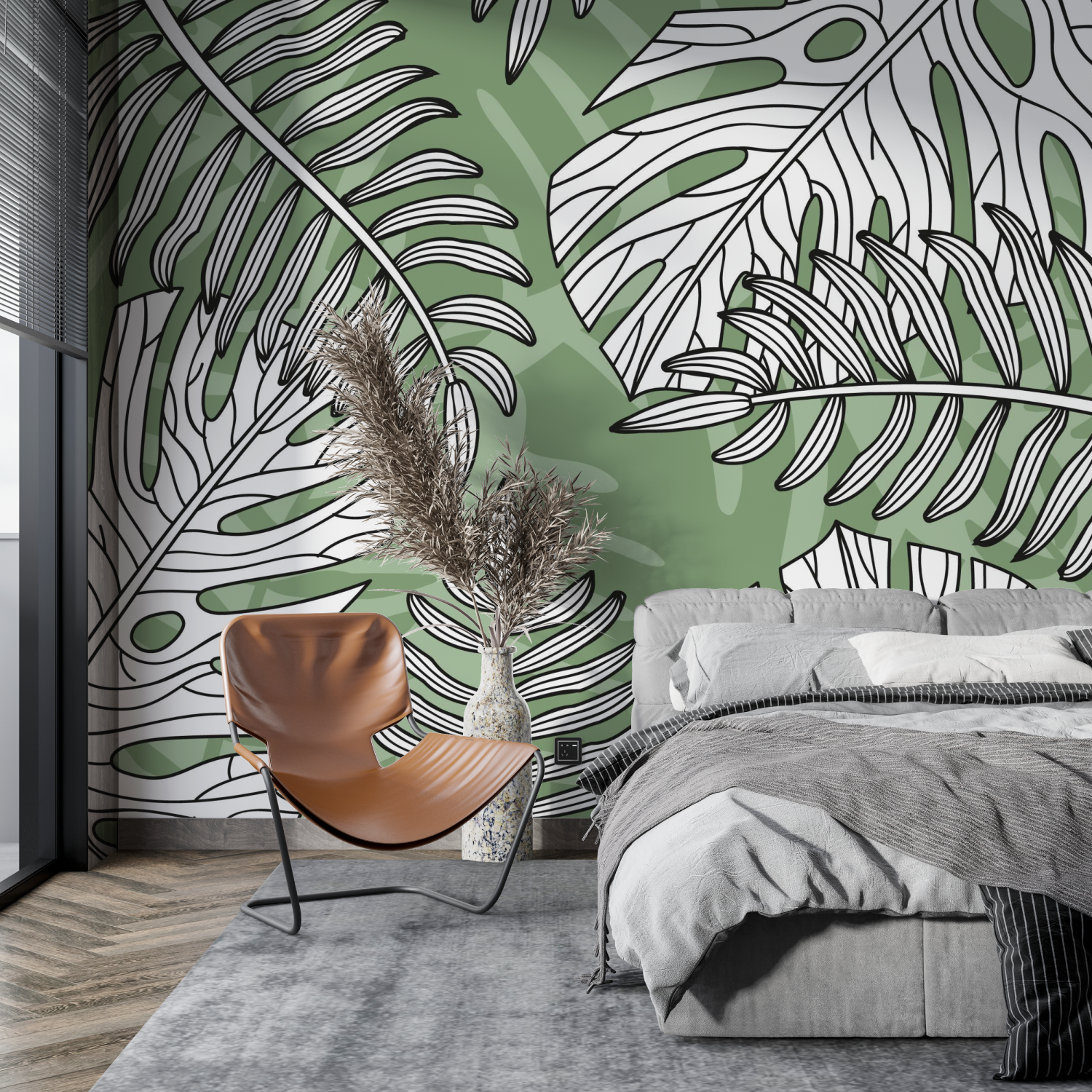 Papier Peint Jungle Vert Et Blanc - mur cuisine