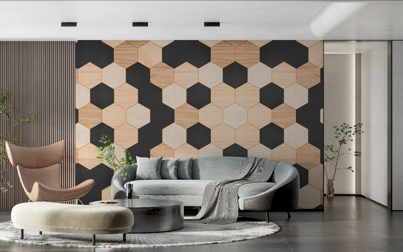 Papier Peint Hexagone Noir Et Bois - tendance 2024