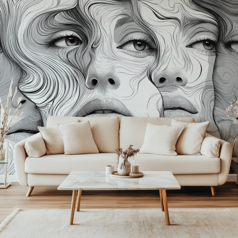 Papier peint vintage noir et blanc visage canape simple