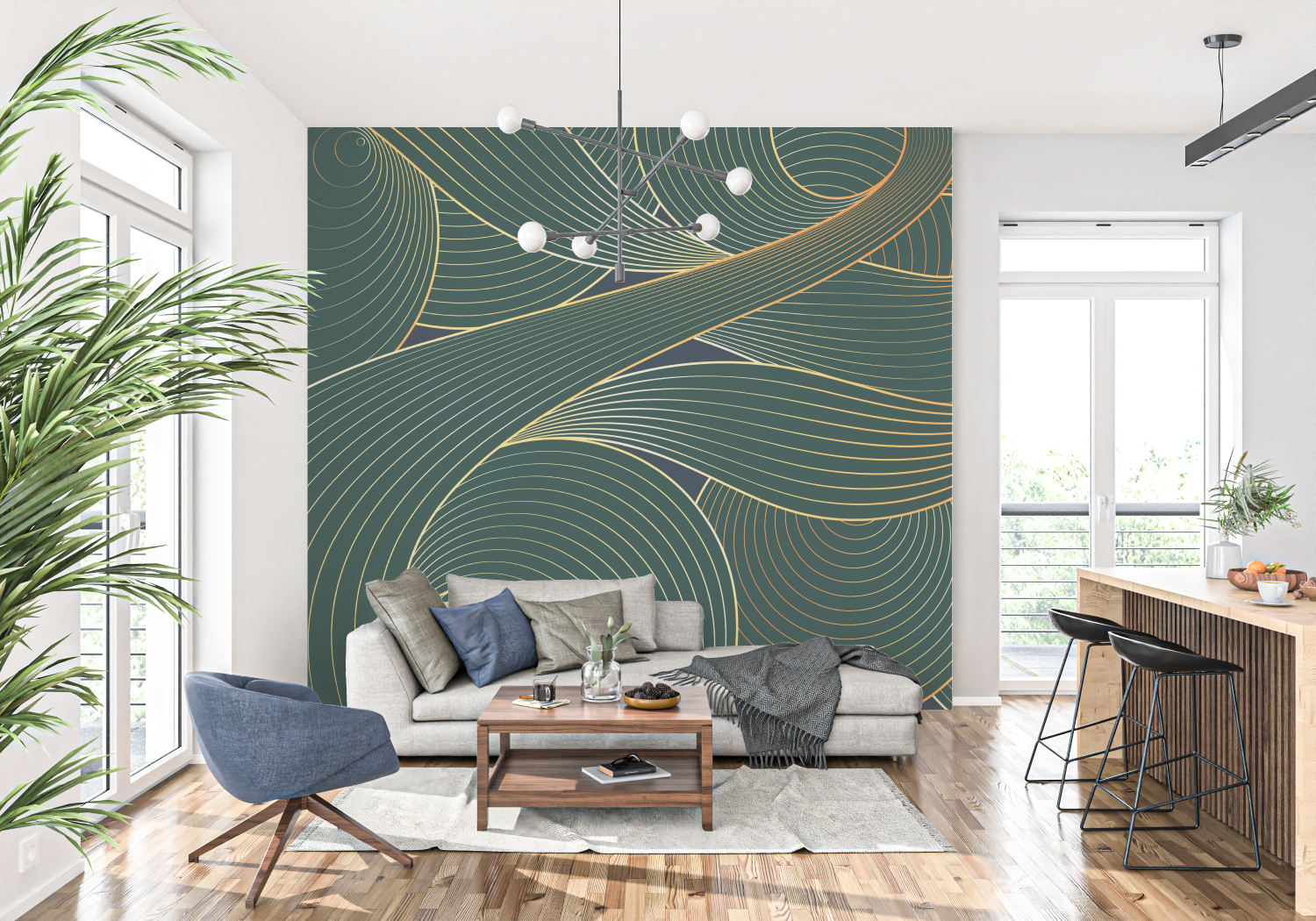 Groen en goud art deco behang - Second Image