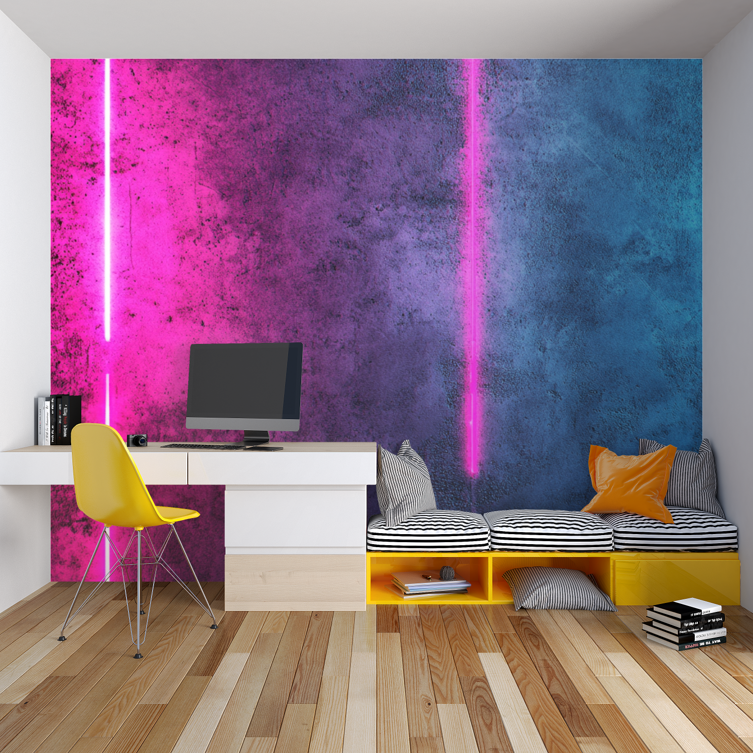 Papier peint texture de beton neon chambre garcon lit