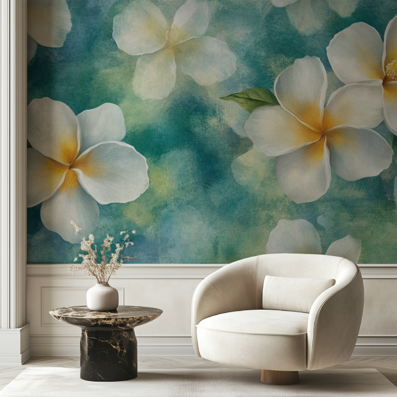 Papier peint fleur frangipanier blanc jaune chaise tendance