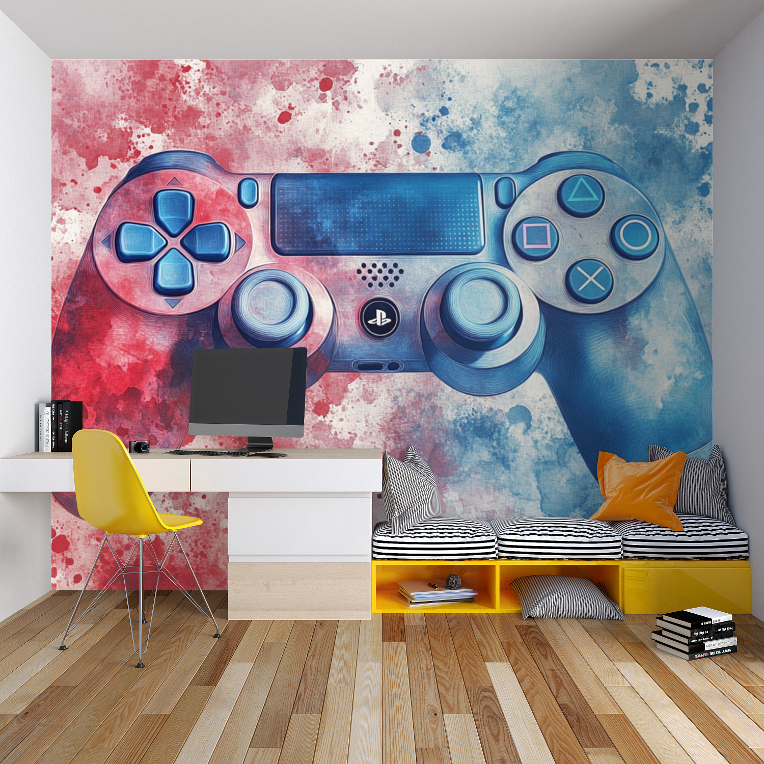 Papier peint aquarelle gamer eclaboussure chambre garcon lit