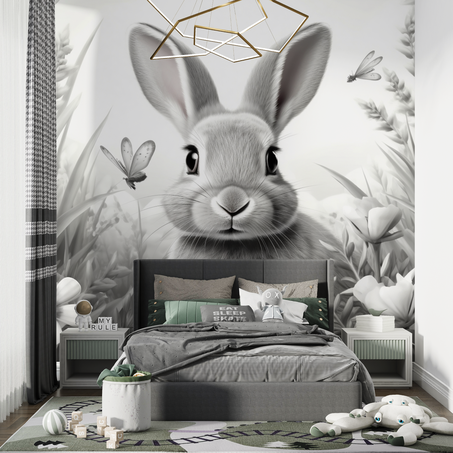 Papier Peint Enfant Lapin Noir Et Blanc - chambre petit