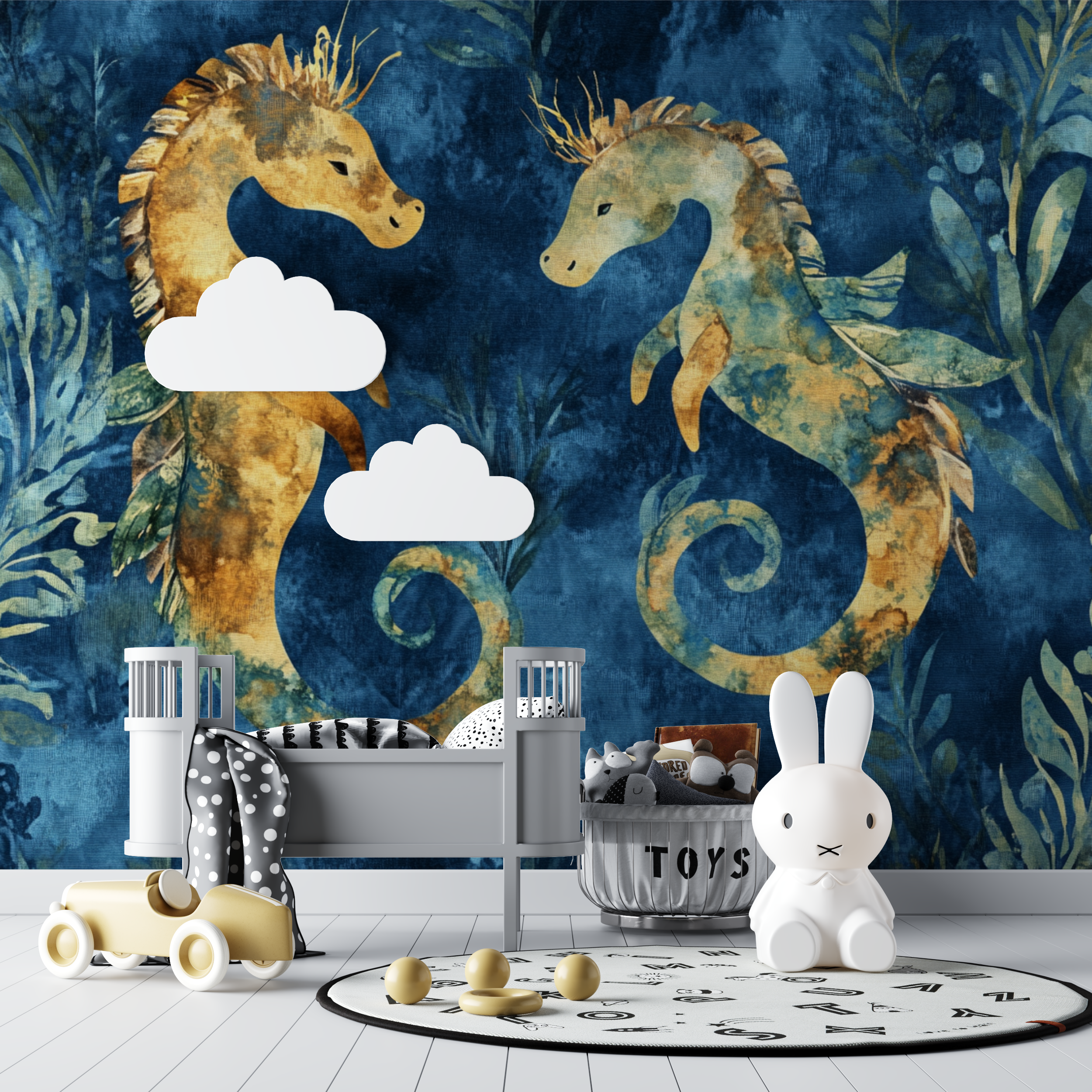 Papier peint marin hippocampes et algues dansantes bebe tipi