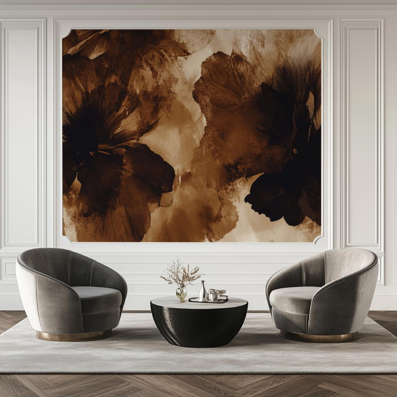 Papier peint fleur marron salon tapis