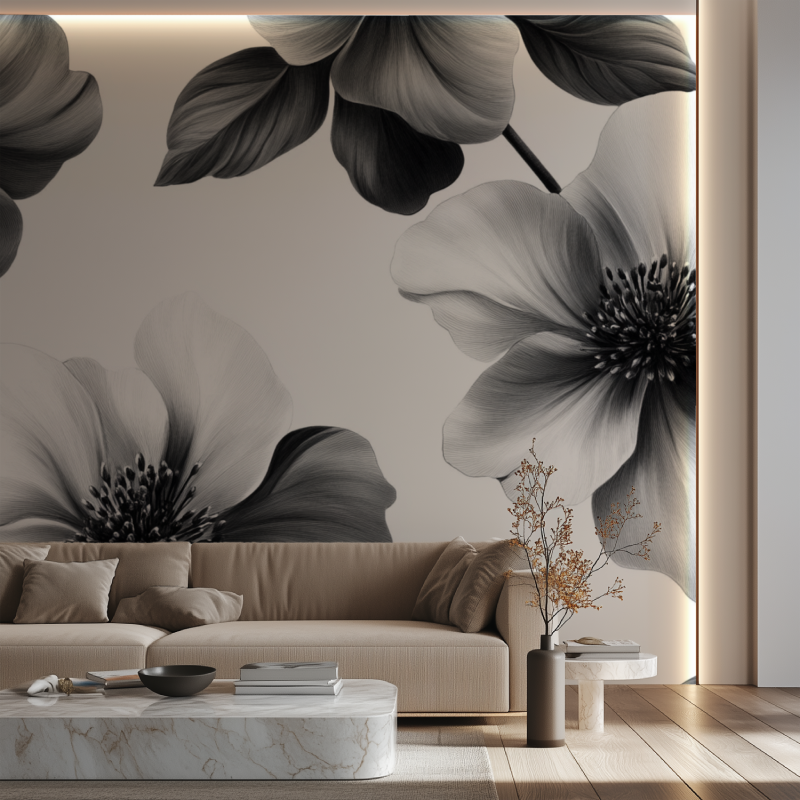 Papier peint fleur noir dessinee canape neon