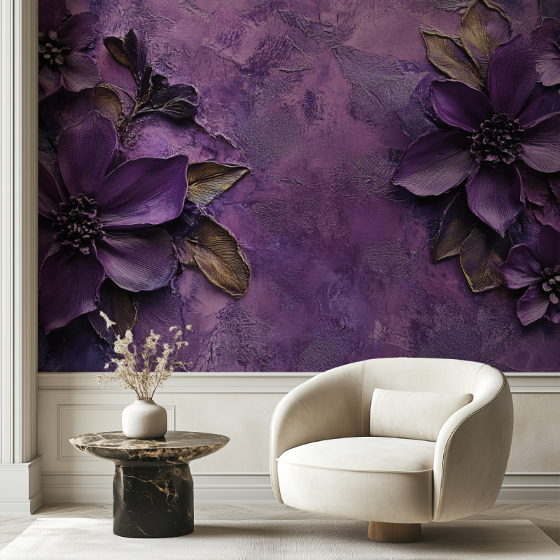 Papier peint fleur mauve velour chaise tendance