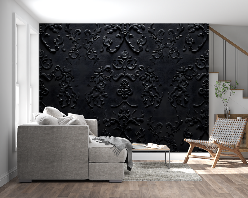 Papier Peint Noir Et Argent Baroque - chambre adulte