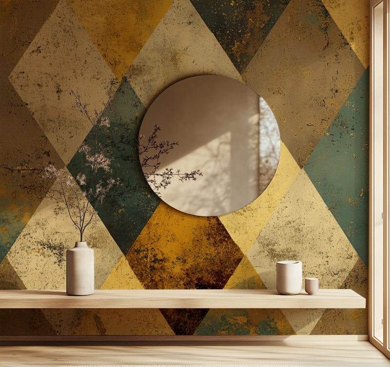 Papier peint vintage losange moutarde miroir