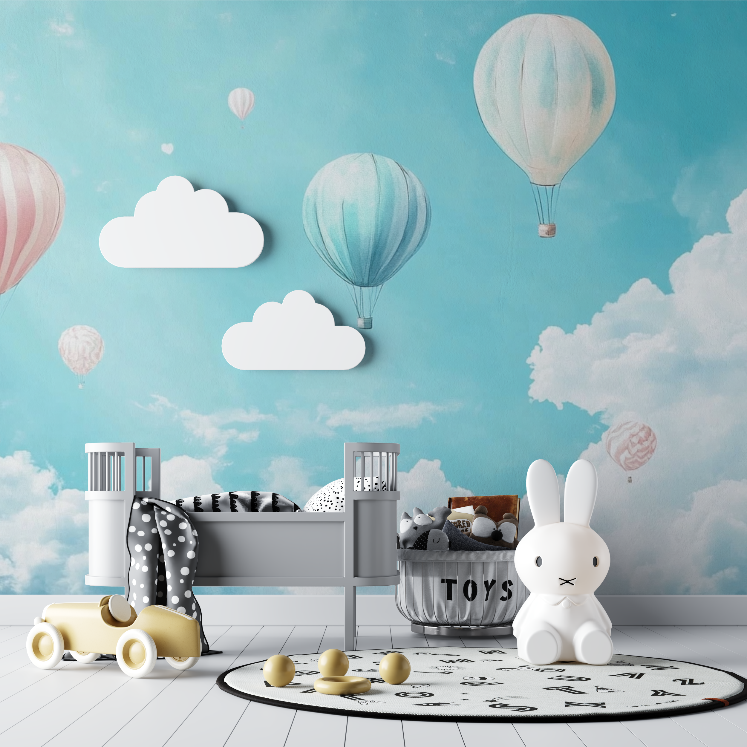 Papier peint montgolfiere et ciel bleu pastel bebe tipi