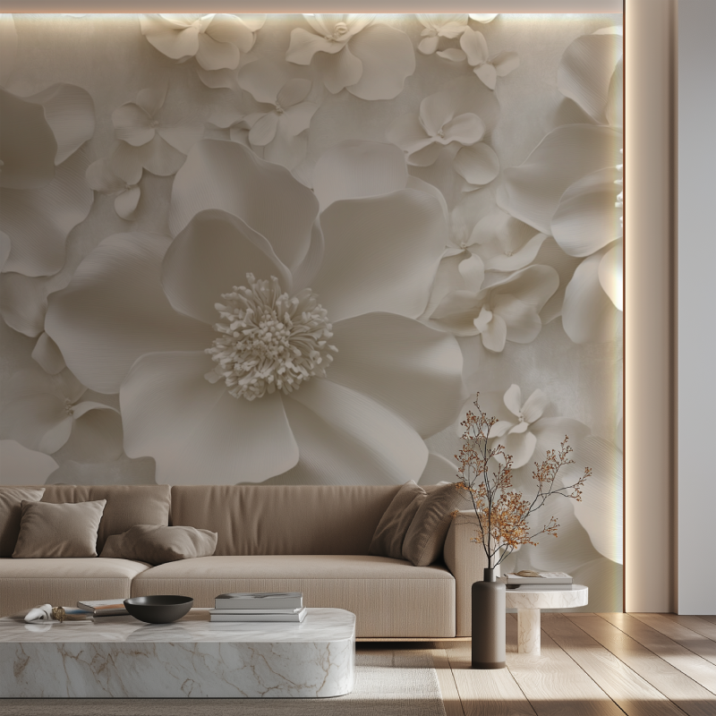 Papier peint fleur blanche 3d canape neon
