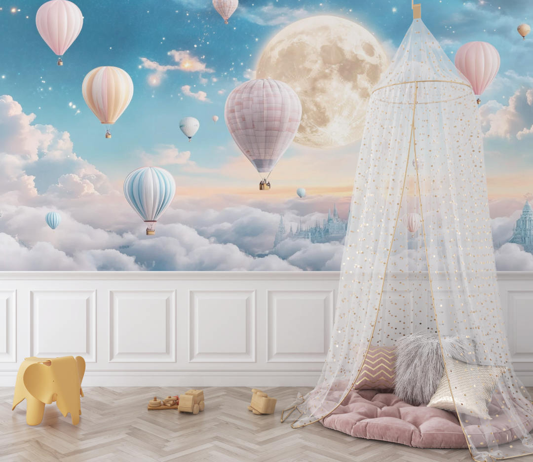 Papier peint montgolfiere et lune lumineuse bebe