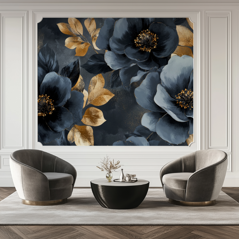 Papier peint fleur gris anthracite et or intisse salon tapis