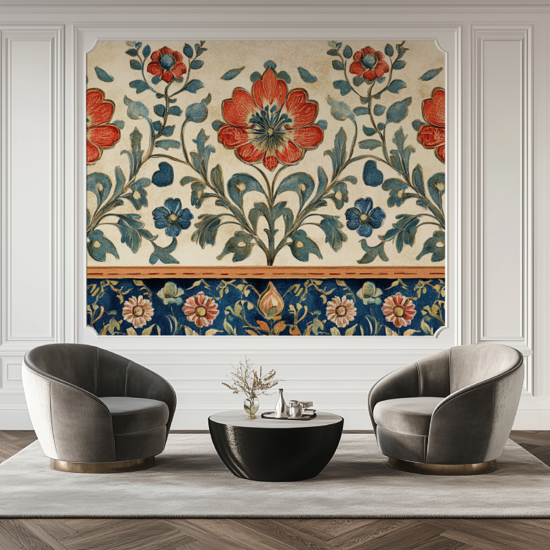 Papier peint fleur indienne salon tapis