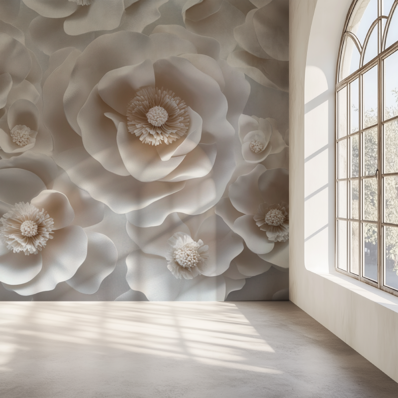 Papier peint fleur blanche en relief mur simple