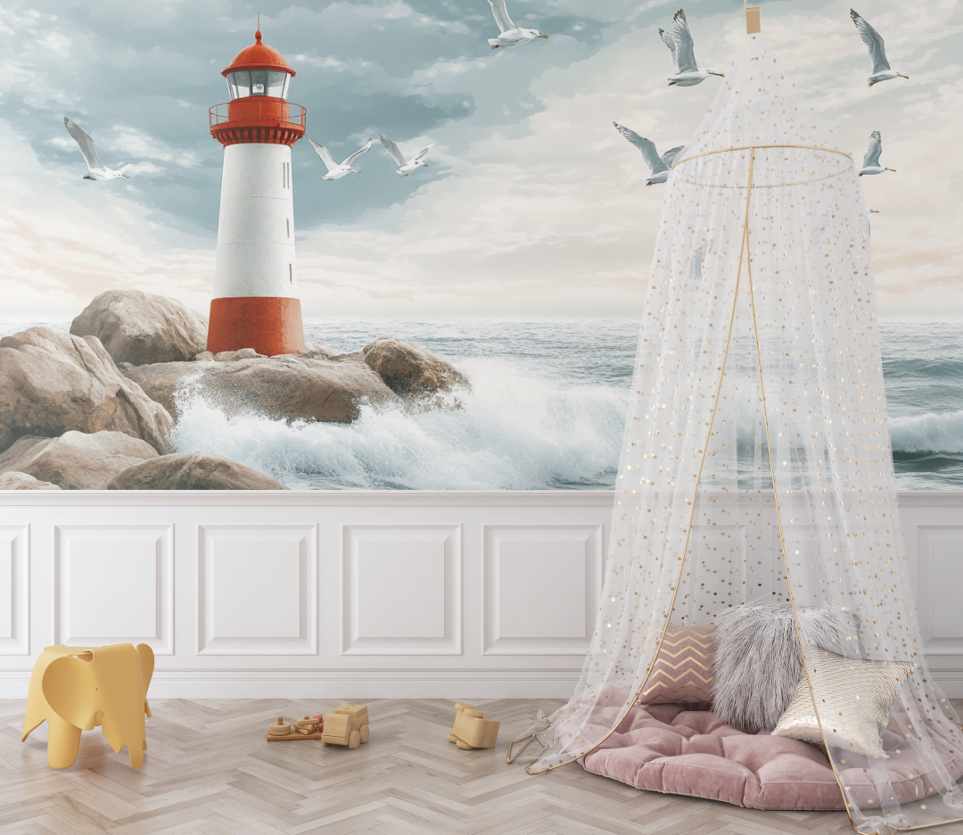 Papier peint phare mouettes bebe
