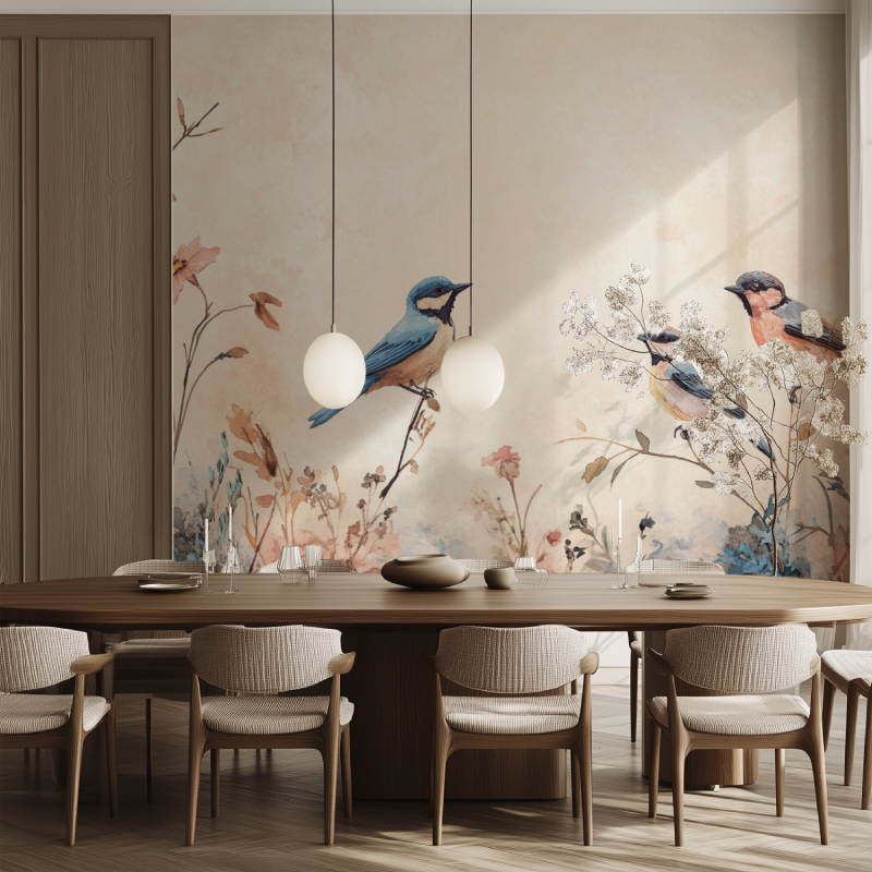 Papier peint vintage fleurs oiseaux salle manger tendance