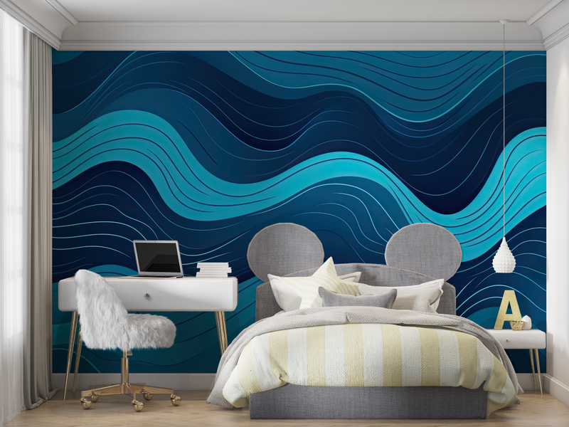 Papier Peint Ado Vagues Bleu Marine - tapisserie garçon