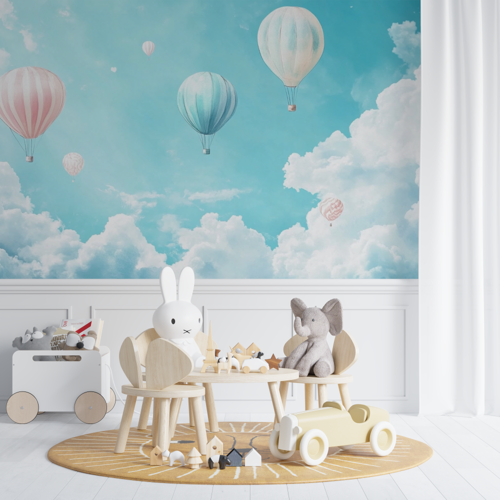 Papier peint montgolfiere et ci...leu pastel chambre de bebe