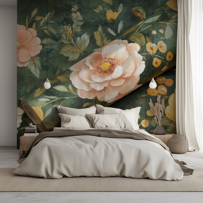 Papier peint fleur et feuillage lit 1234