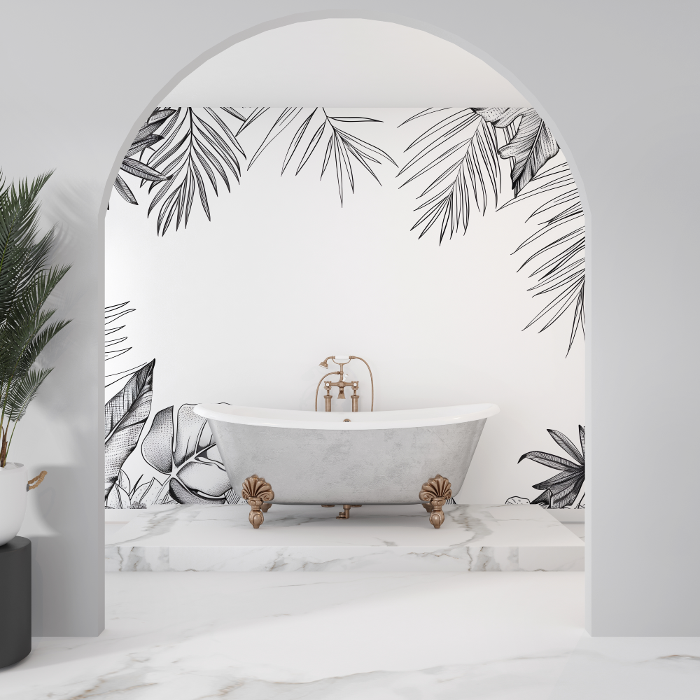 Papier peint jungle salle de bain noir et blanc sdb