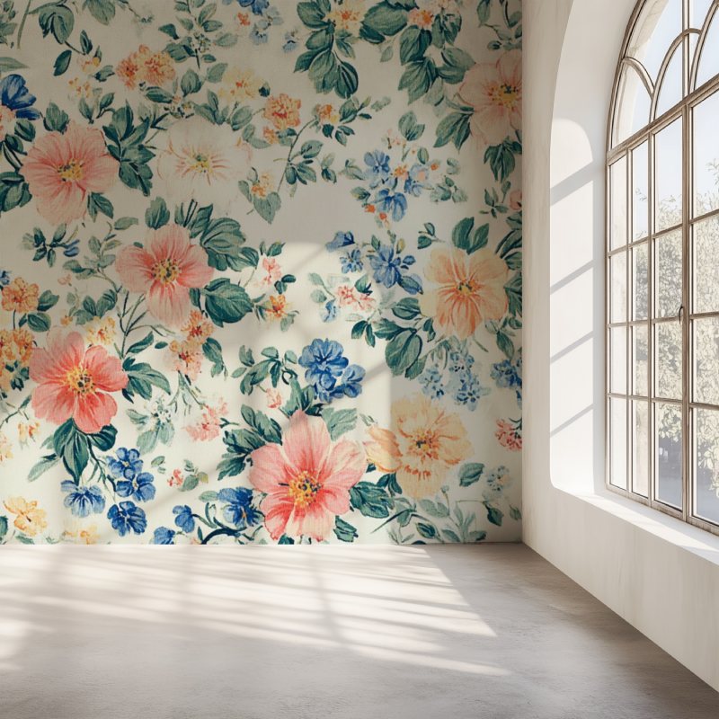 Papier peint motif scandinave vintage fleurs mur simple