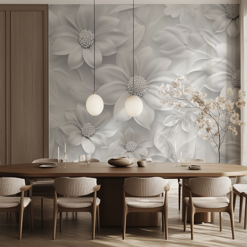 Papier peint fleur gris et blanc salle manger tendance