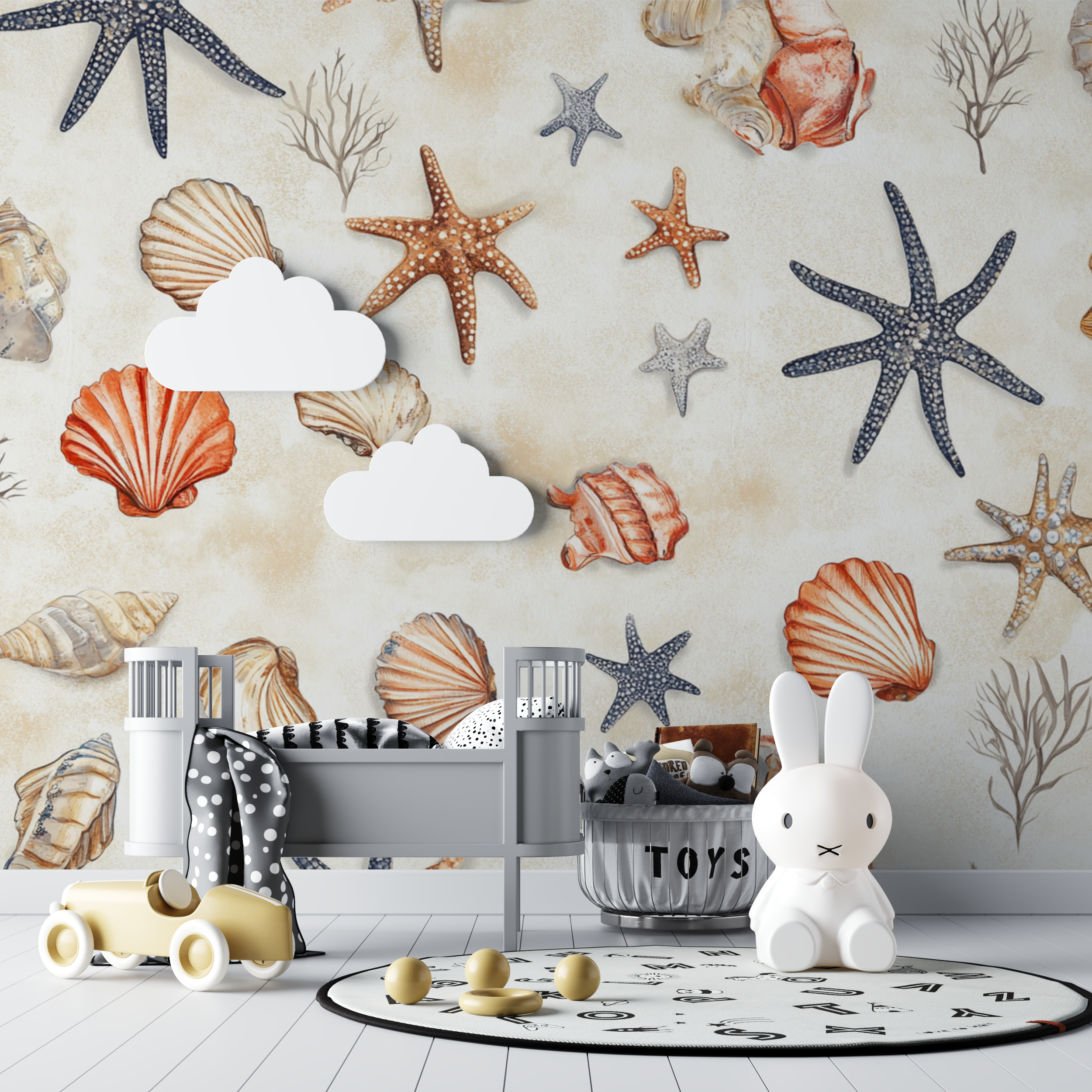 Papier peint marin tapisserie coquillages coraux bebe tipi