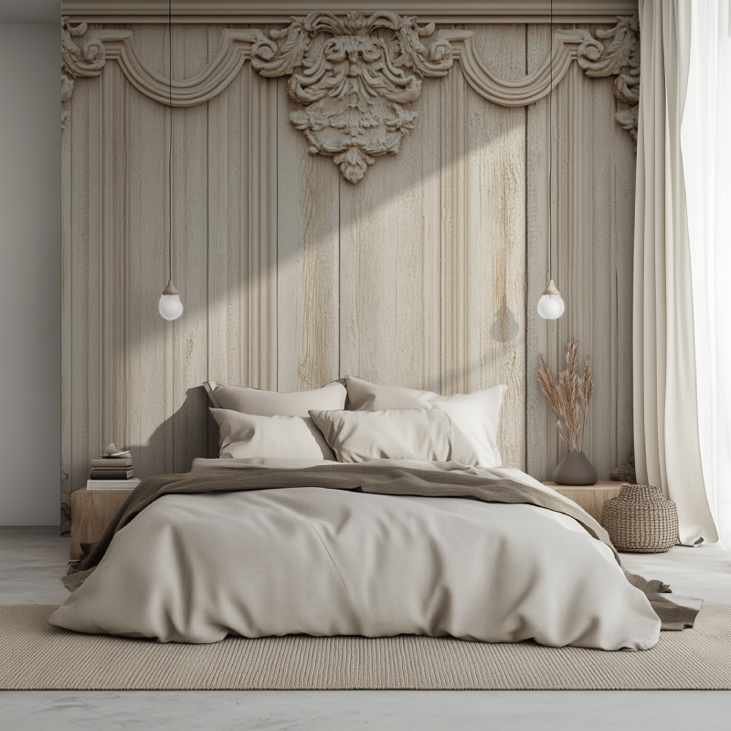 Papier peint trompe l oeil boiserie lit 1234