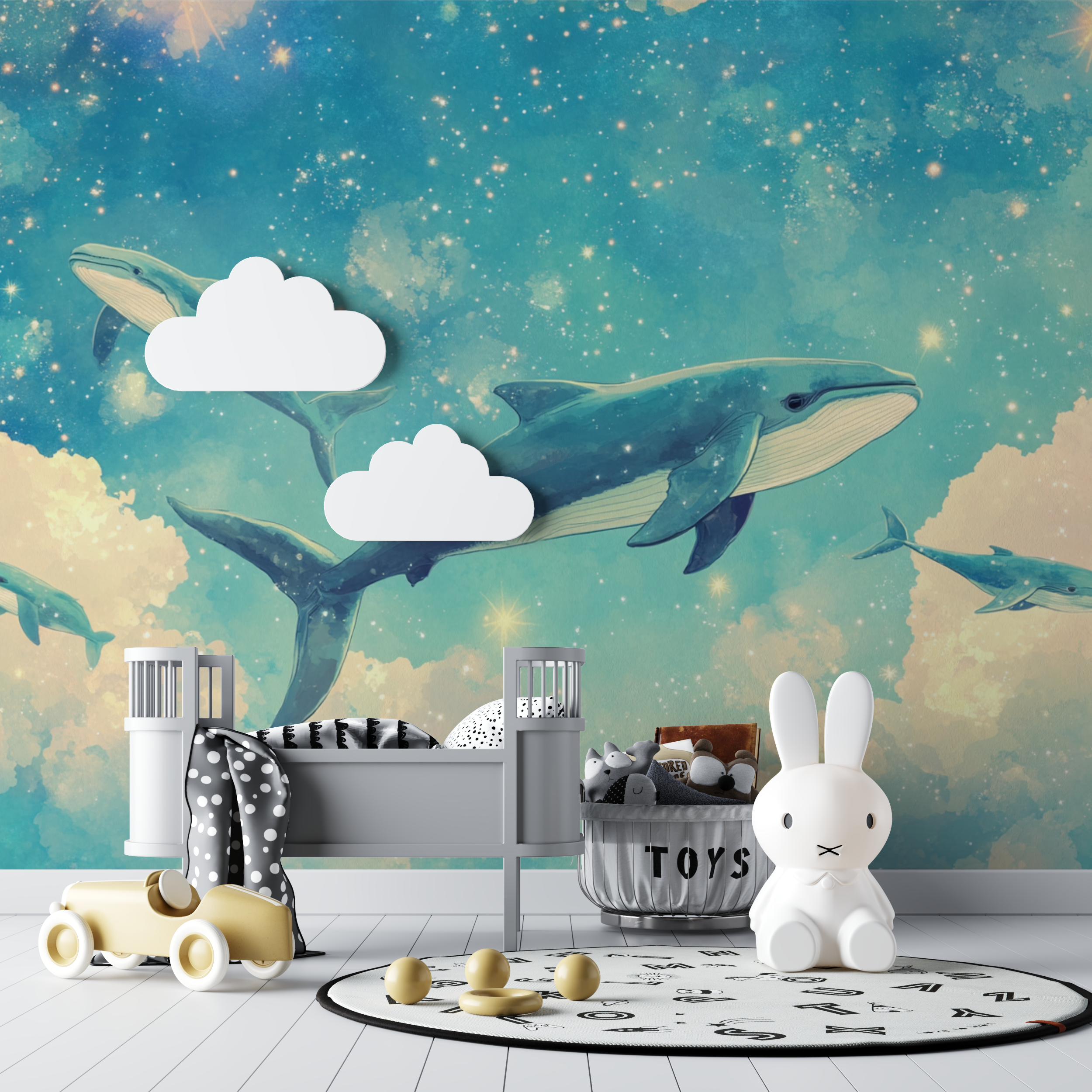 Papier peint marin ocean pastel et baleines bebe tipi