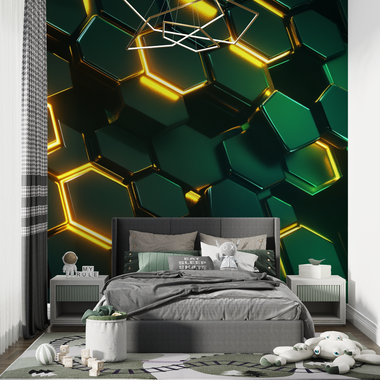 Papier peint hexagones vert chambre de garcon