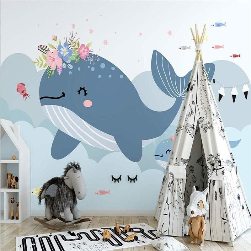 Papier Peint Fille Classique <br/> Baleine et Fleurs