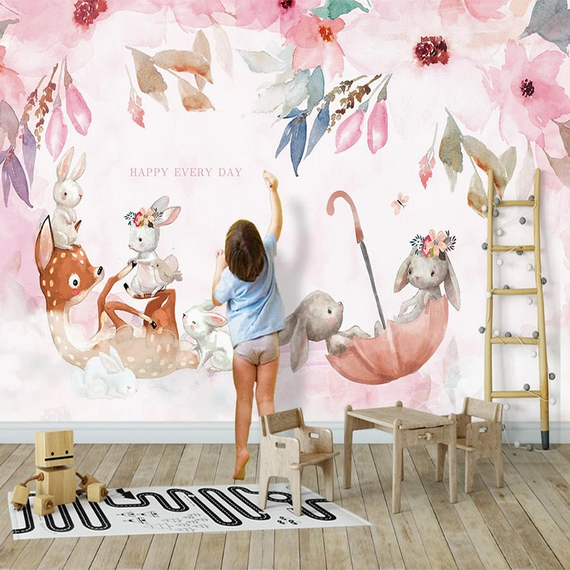 Papel pintado de animales<br> Paraguas y flores