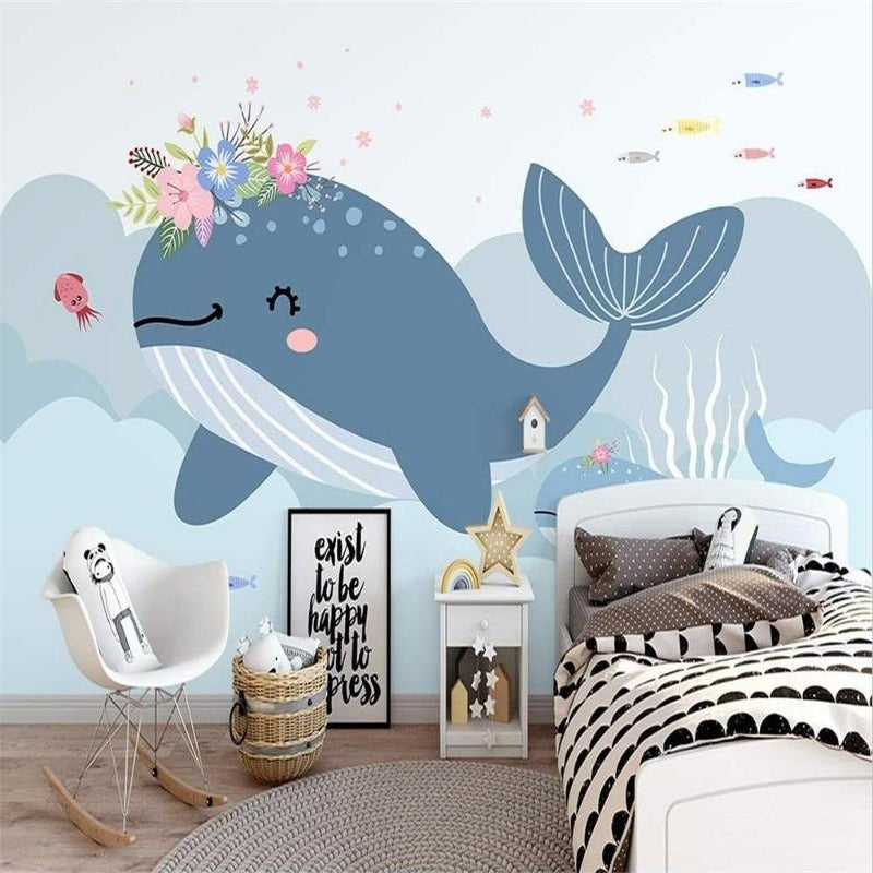 Klassiek Meisjes Behang <br/> Walvis en bloemen