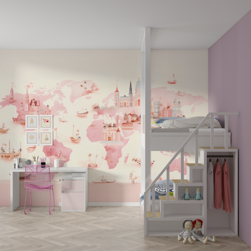 Papier peint carte du monde rose fille mur chambre fille