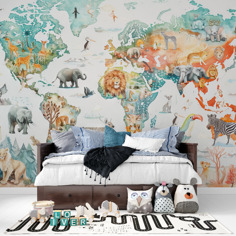Papier peint carte du monde animaux panoramique garcon