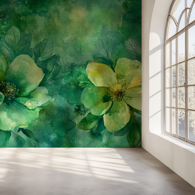 Papier peint fleur vert mur simple