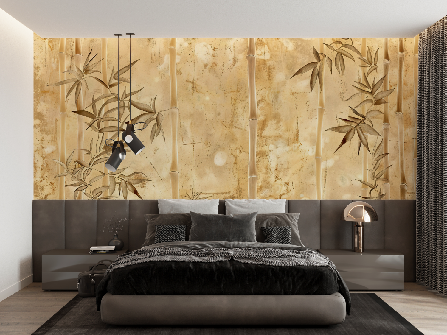 Papier Peint Dessin Bambou Beige - panoramique-mur