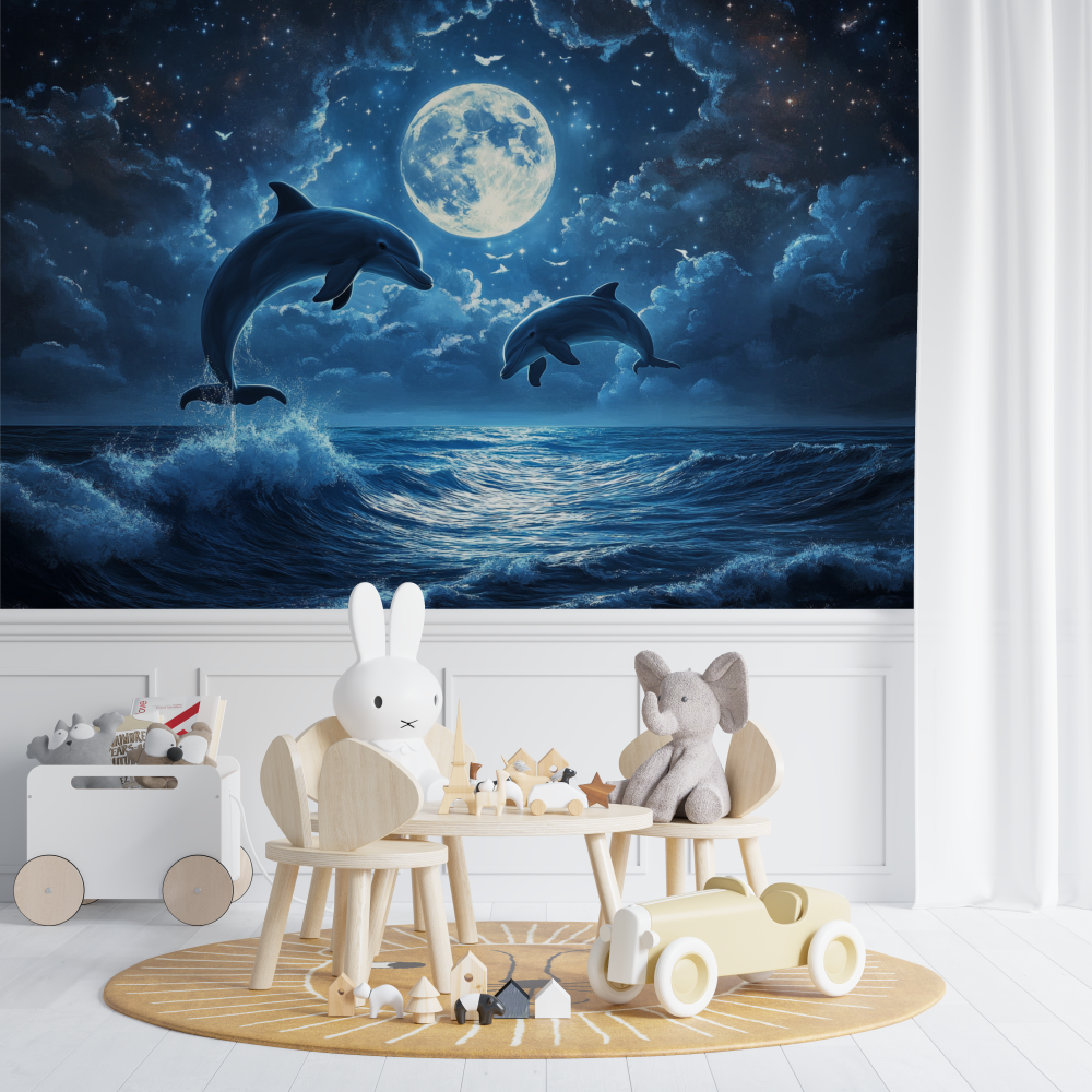 Papier peint marin dauphins et ... brillante chambre de bebe