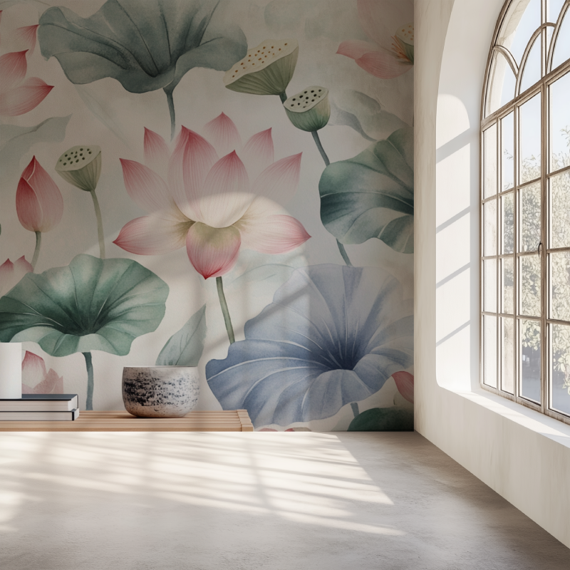 Papier peint fleur lotus mur simple